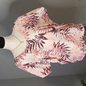 Kim & Cami Pullover Cap Sleeve Scoop Neck Pink & White Fern Print Top - Size L